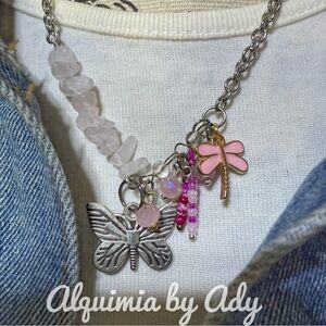 SILVER PINK QUARTZ CHARMS NECKLACE